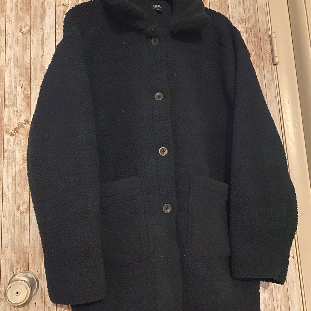 Women's  Lee dark blue green plaid  fuzzy Sherpa Coat size XL shacket sweater
